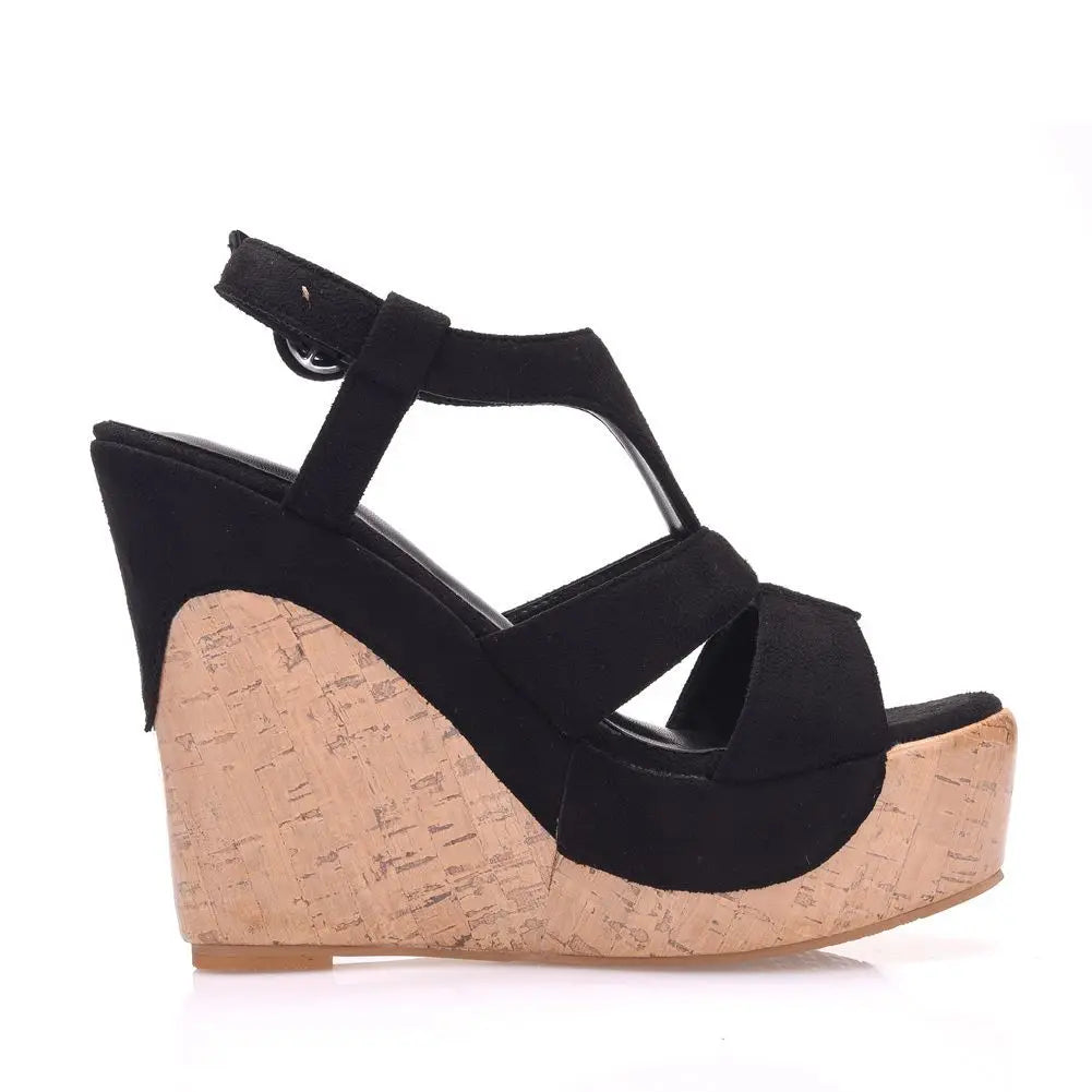 Women’s Summer Flock Sandals – 12CM Wedge Heels with Buckle Strap, White