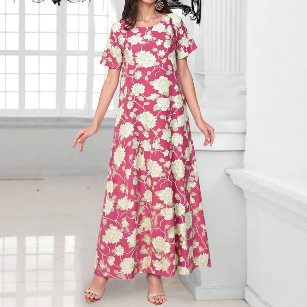 Rafiah Women's Arabian Dress Summer Casual Cultural Full Print Short Sleeve Crew Neck Midi A-Line Long Dress