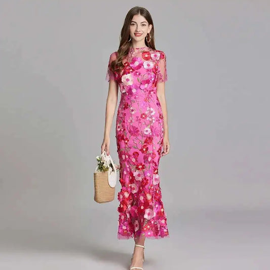 French Luxury 3D Flower Fishtail Lace Prom Dress – Women's Summer Short Sleeve Midi Evening Dress
