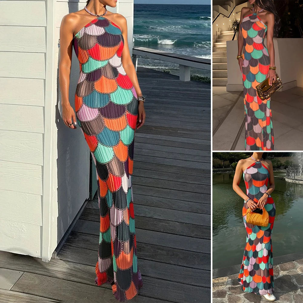 Rafiah Women's Arabian Dress Spring Summer K-Fashion Full Print Sleeveless Halter Neck Strapless Arabian Dress For Women