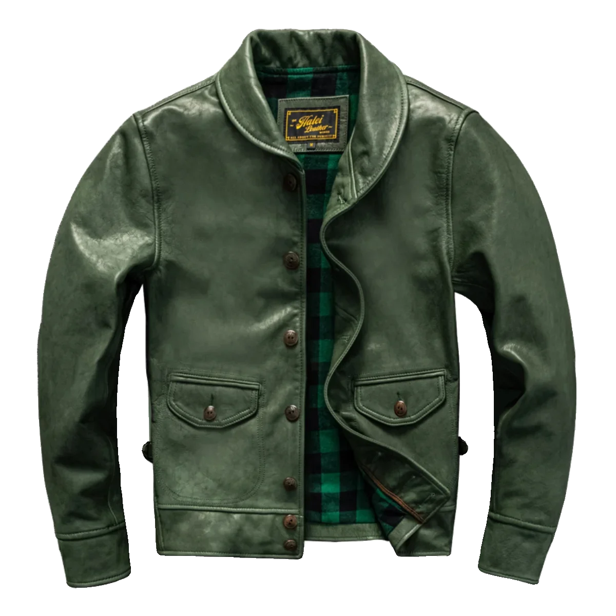 Cossack Green Fruit Leading Layer Mixed Sheepskin Leather Jacket Men's Slim Fit Leather Jacket Autumn and Winter Coat