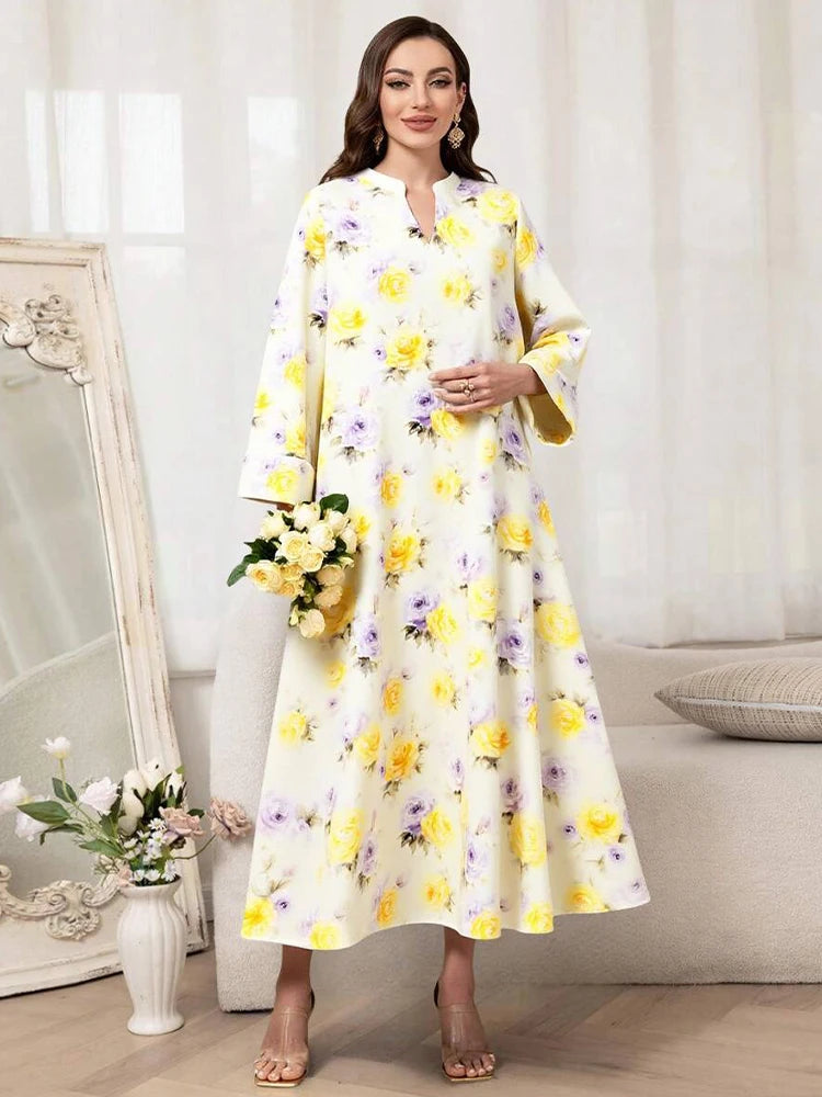 Rafiah Women's Even Dress Arabian 2025 Summer Elegant Contrast Color Flower Print Long Flare Sleeve Half Open Collar Long Dress