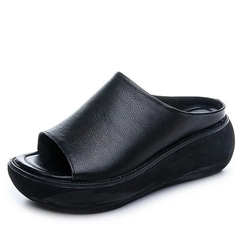 Women’s Genuine Leather Wedge Slippers – Handmade Summer Slides