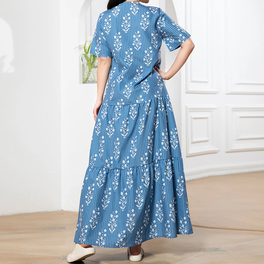 Rafiah Summer Dress 2025 Full Print Stripes Women's Casual Short Sleeve V-Neck A-Line Maxi Dating Arabian Dress