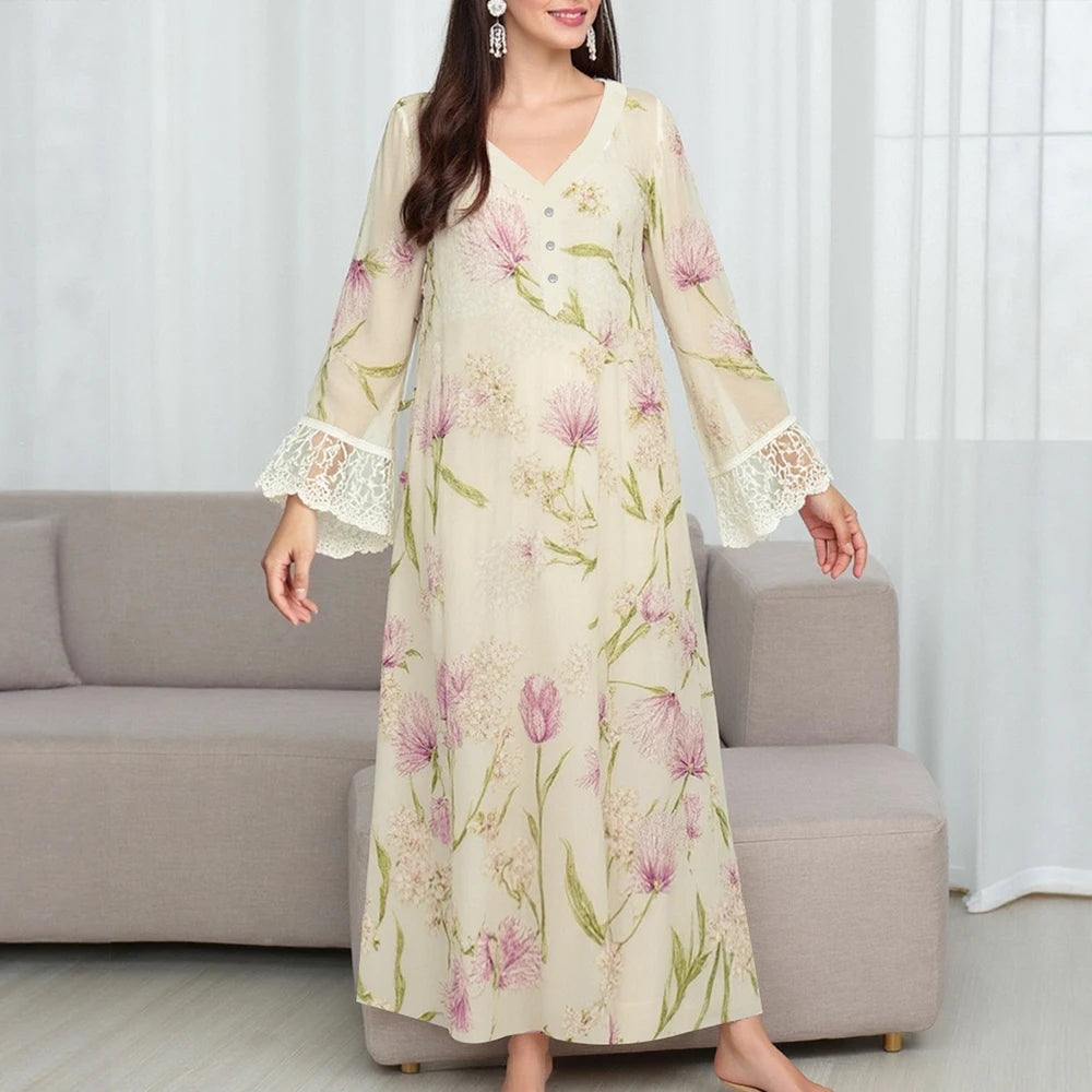 Rafiah Women's Dresses Summer Elegant Fashion 2025 Floral Business Short Sleeve V-Neck A Line Midi VacationLong Dress