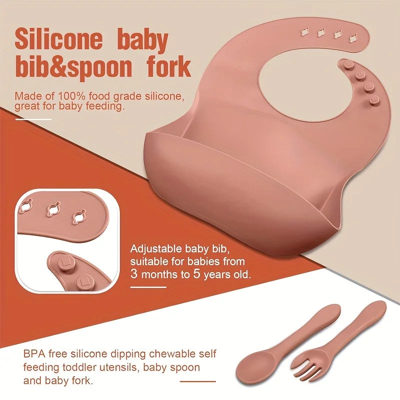 Silicone Baby Feeding Set Microwave Oven Safe for 0-3 Years Includes Suction Plate Soft Bowl Spoons Forks Bib Snack Cup