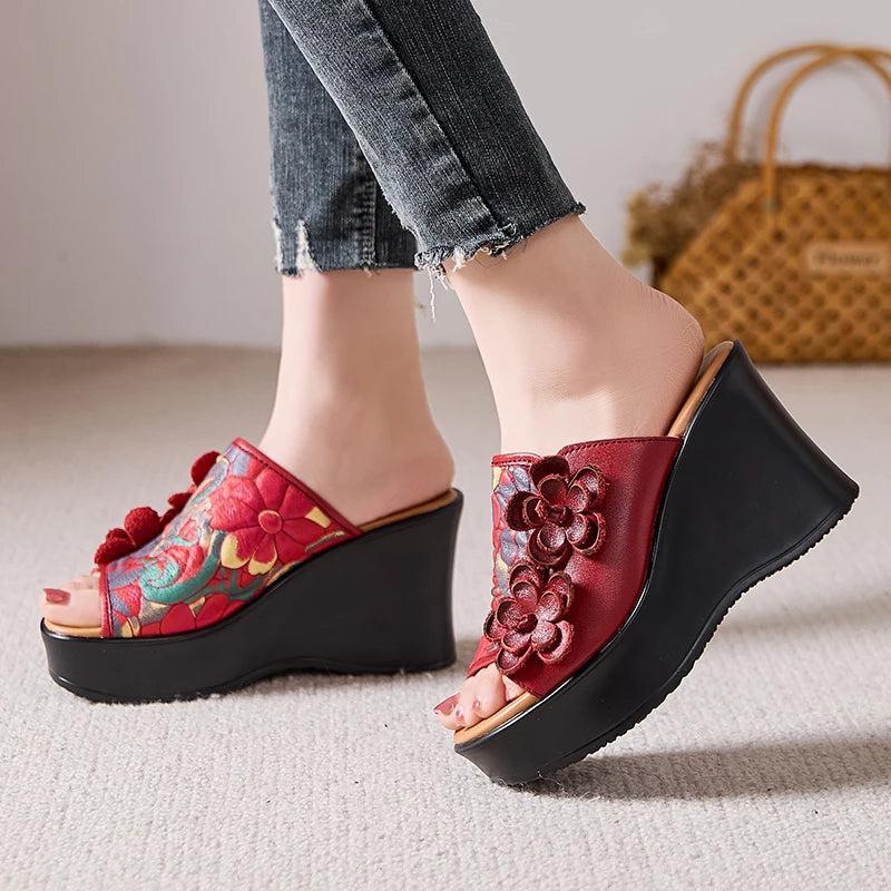 Genuine Leather Women Flower High Heels Wedges Summer Platform Slippers