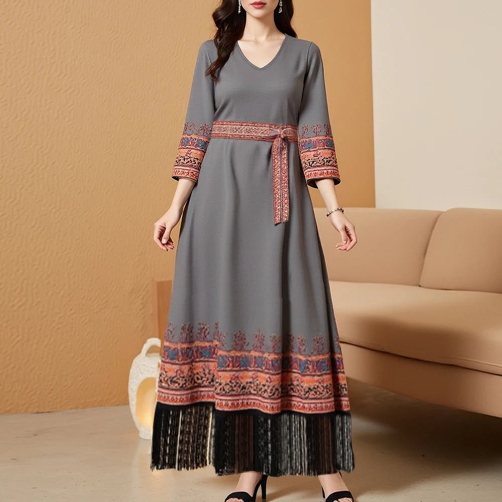 Rafiah Summer Arabian Dress 2025 Chic Cultural Contrast Color Short Sleeve V-Neck Midi A-Line Casual Long Dress For Women