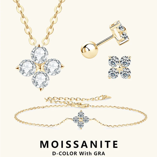 Lnngy 925 Sterling Silver Four Leaf Clover Pendant Necklace Bracelet 3mm 0.1ct Moissanite Stud Earring For Women Jewelry Set