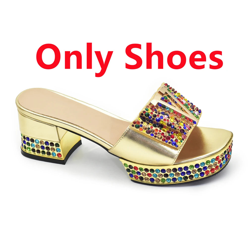 Gold sandal with colorful embellishments on a white background with 'Only Shoes' text.