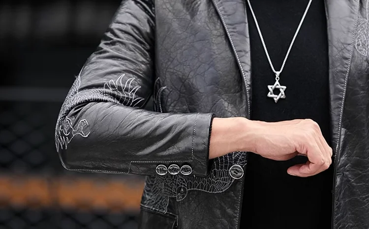Business Men Fashion Eagle Embroidery Blazer Jacket Slim Fit Work Suit Coat Spring Autumn Natural Cowhide Genuine Leather Jacket