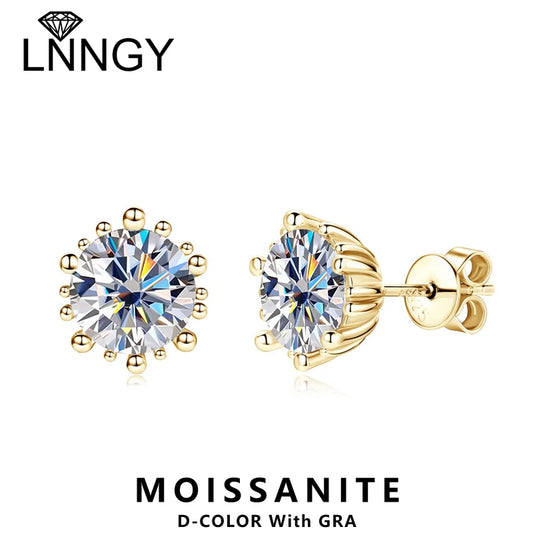 Lnngy Single 2.0ct Moissanite Stud Ear Women 925 Sterling Silver Fashion Earrings For Wedding Engagement Elegant Jewelry Gift