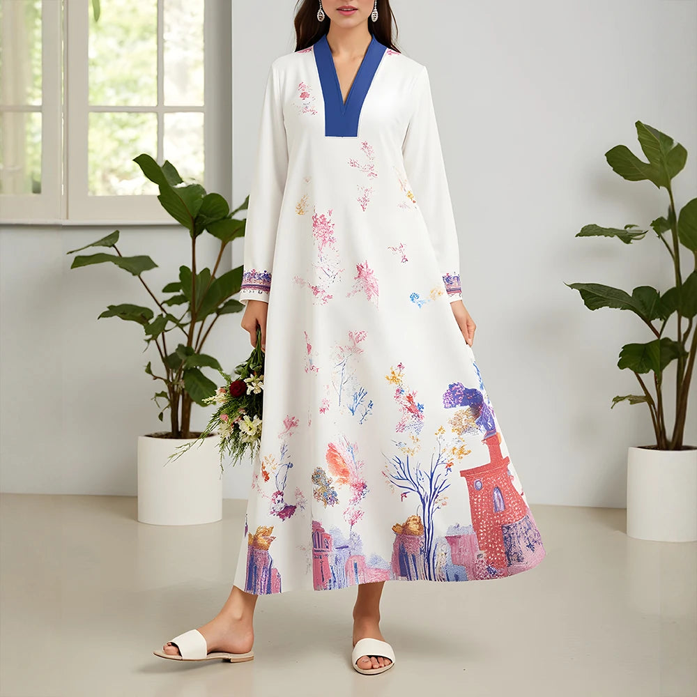 Rafiah Women's Summer Dress Ventilate Comfortable Graphic Printing Long Sleeve V-Neck Mixi A-LineDaily Arabian Dress