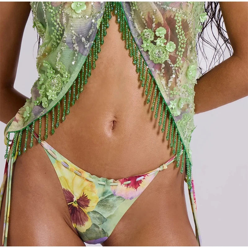 Sexy Sequin Tassel Mini Skirt Women Lace Up Bead Flower High Waist Holiday Skirts 2025 Summer Beach Green Print Robe Lady