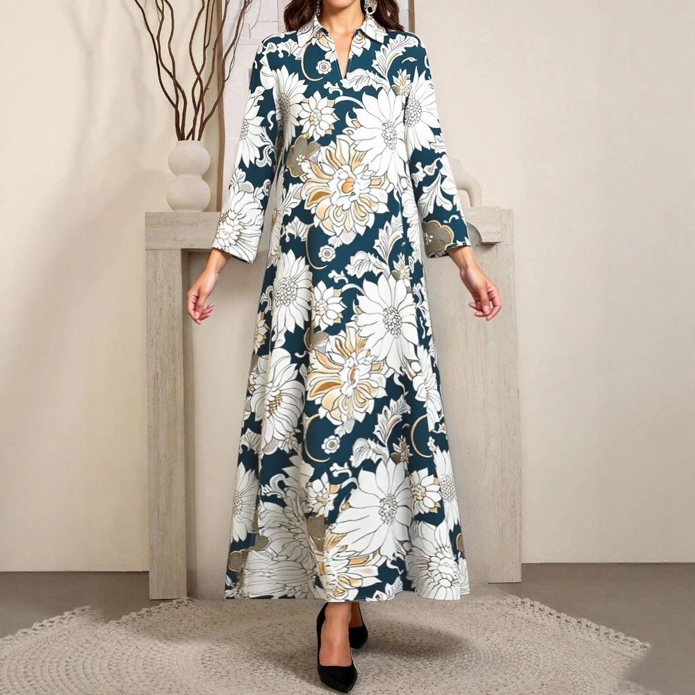Rafiah Women's Dresses Summer Elegant 2025 Floral Glamorous Long Sleeve Shirt Collar A-Line Midi Vacation Long Dresses