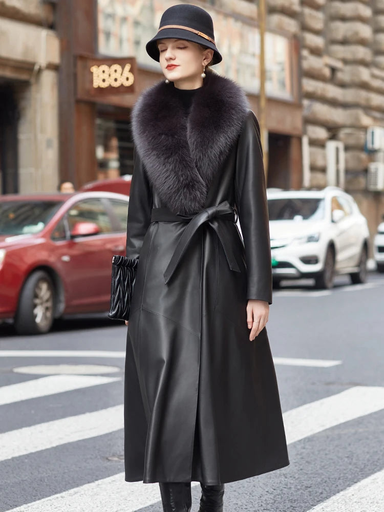 YOLANFAIRY Genuine Leather Down Jacket for Women Elegant Long Coat Women's Winter Jacket Slim Fox Fur Collar Sheepskin Clothes