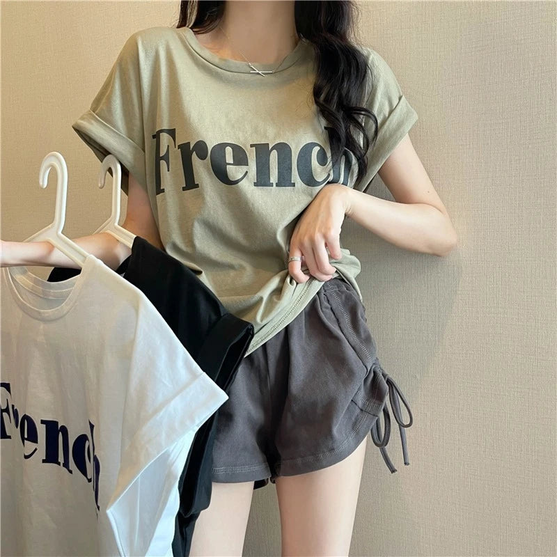 Loose ort Sve T-irt Women's Summer Thin Design Sense  Hong Kong Sle Chic Retro Top Trendy round Ne Polyester ...