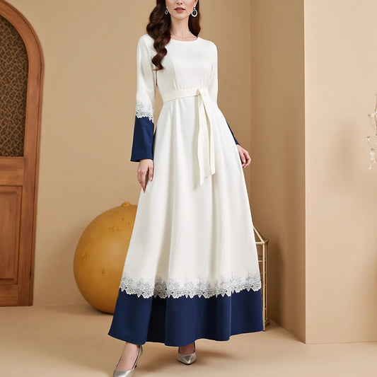 Rafiah Summer Long Dresses 2025 Casual Elegant Patchwork Lace Long Sleeve Crew Neck Midi A-Line Evening Dresses For Women