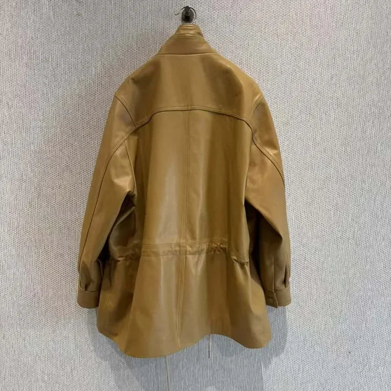Real Sheepskin Coat Spring And Autumn Women Regular Length Pleating Design High Quality Outerwear Female Genuine Leather Jacket