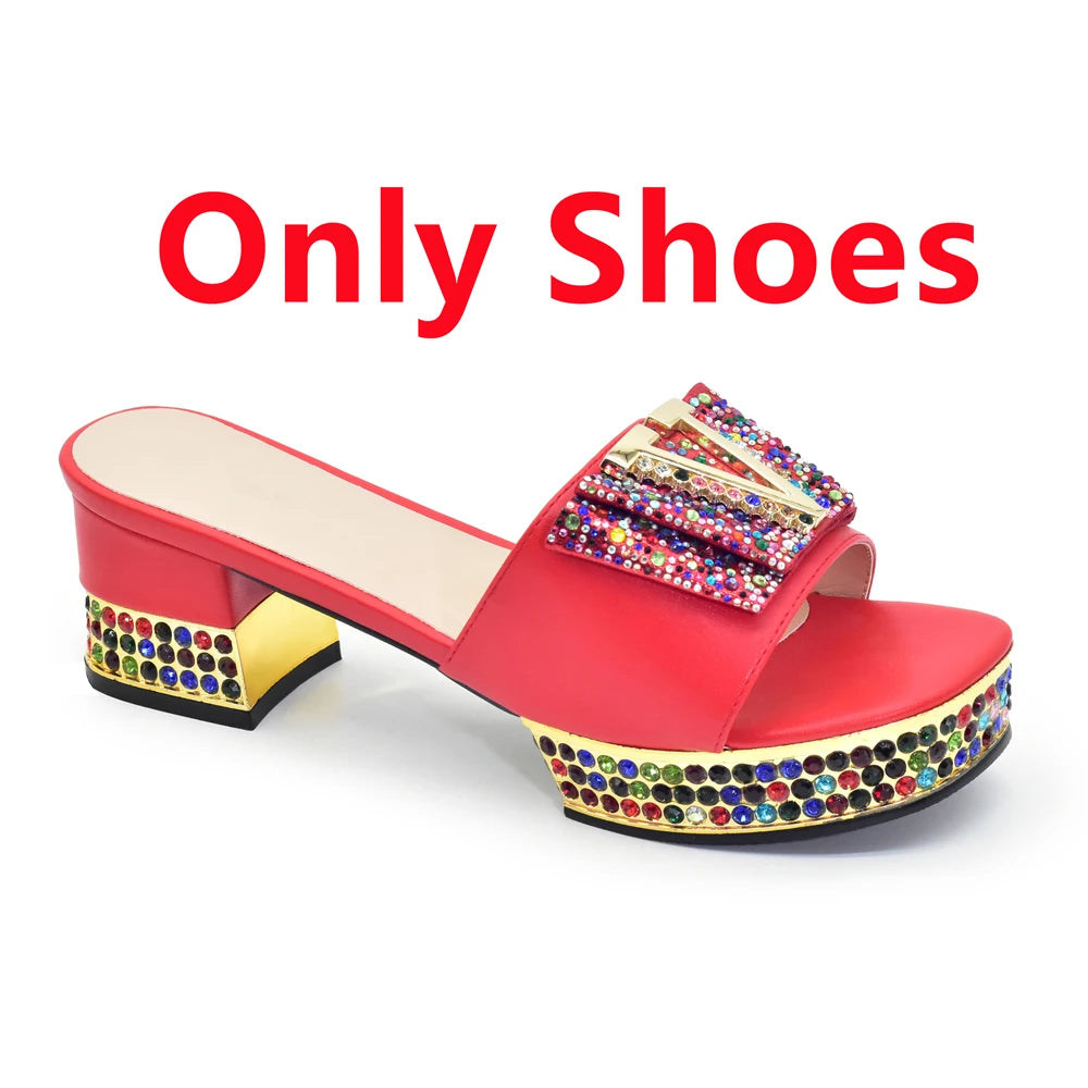 Red sandal with colorful embellishments on a white background, branded 'Only Shoes'.