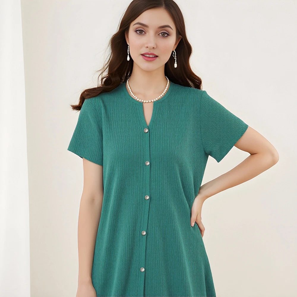 Rafiah Women's Summer 2025 Dress Solid Color V-Neck Button-Front Short Sleeves Minimalist Detailing Long Dress