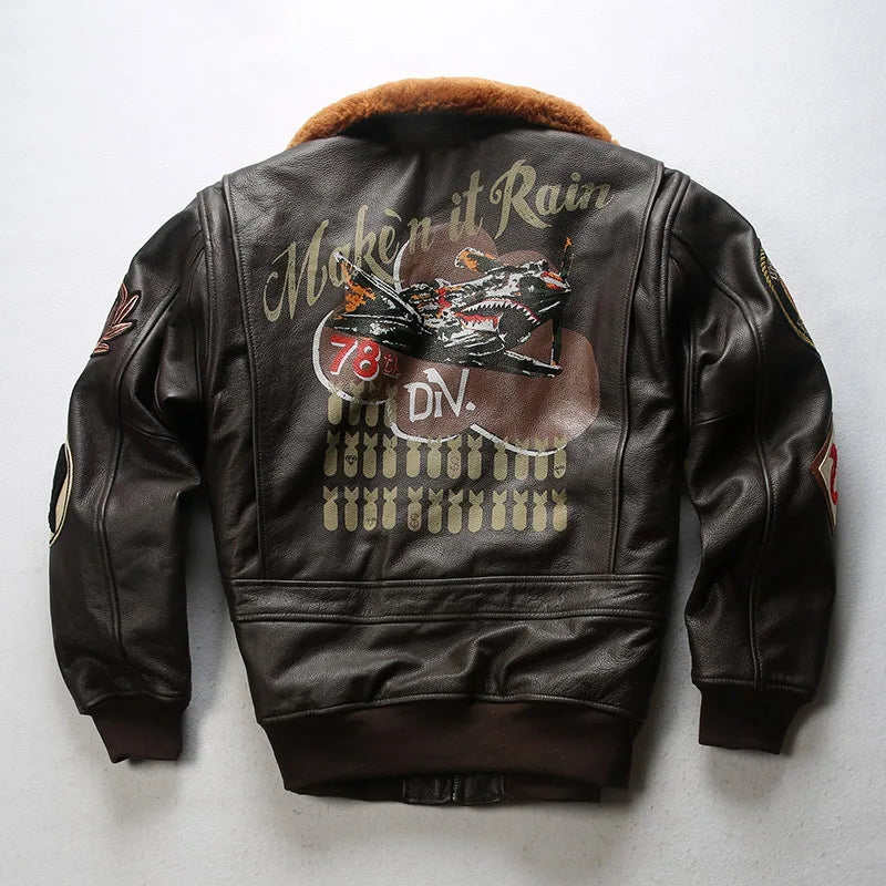 Super Fast Shipping G1 Pilot Jacket Men Removable Hair Collar Genuine Cowhide Vintage Embroidered Label Casual Leather coat TOP