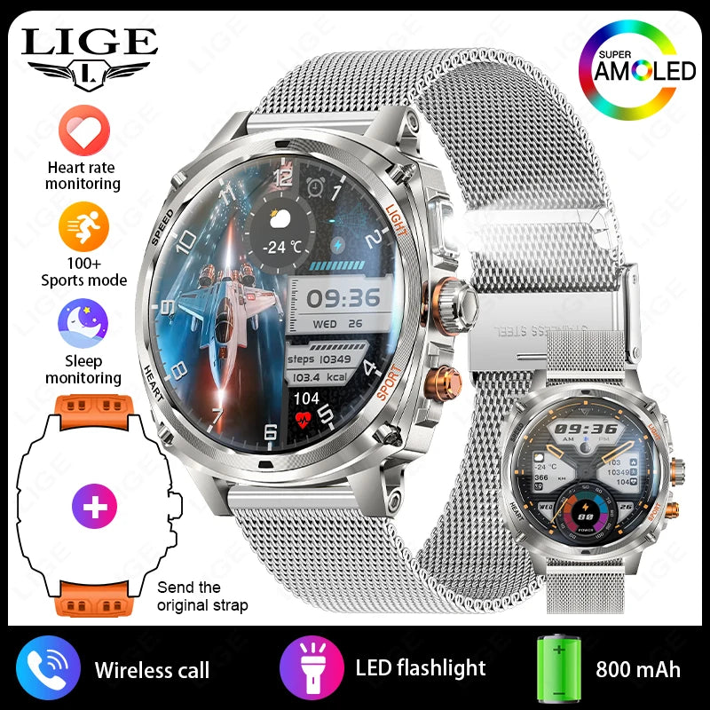 LIGE Rugged Military 1.75-inch AMOLED Screen Smart Watch With LED Flashlight 800mAh Battery Bluetooth Call Smart Watch Men Gift