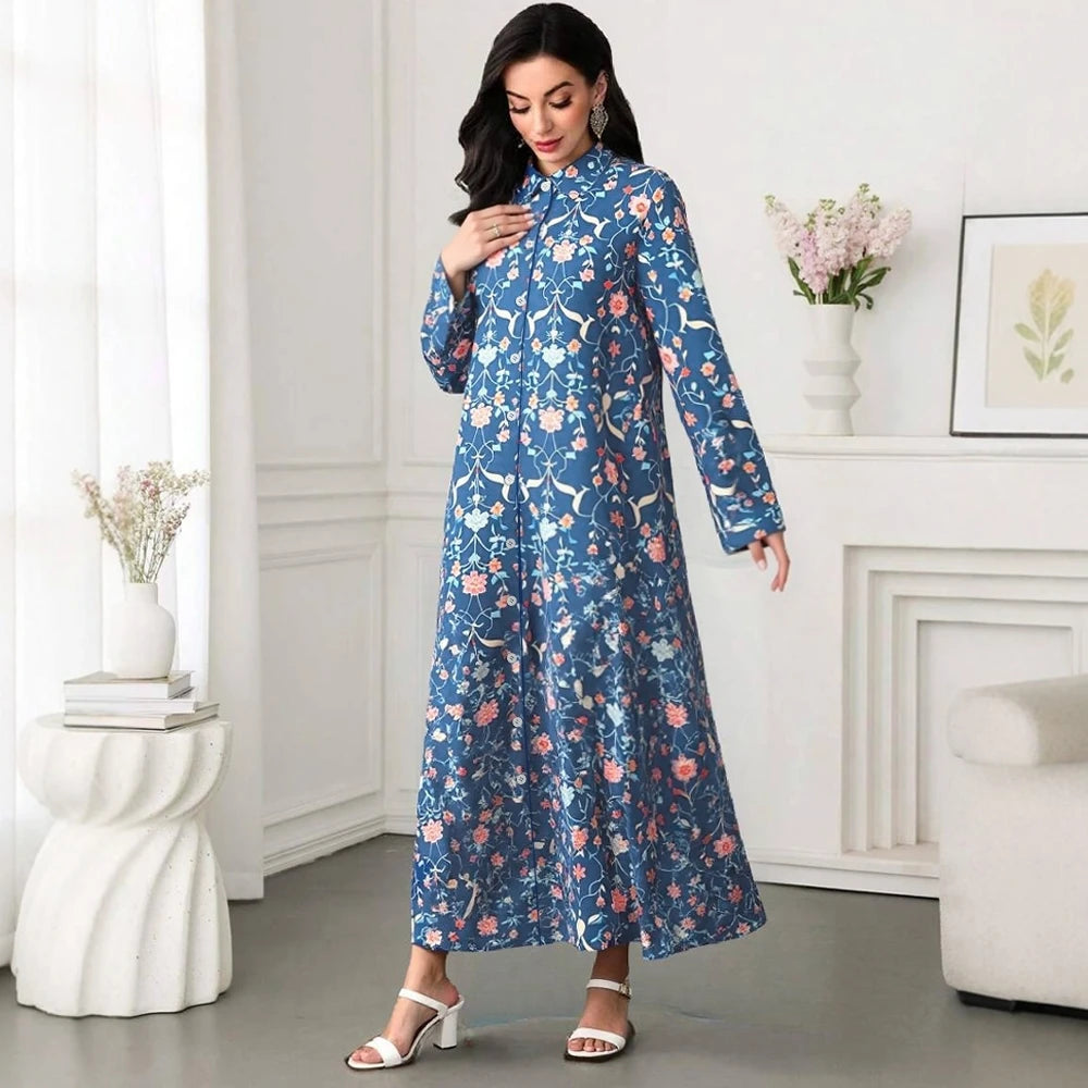Rafiah Women's Arabian Dress Summer Daily Fashion Floral Single Breasted Long Sleeve Shirt Collar A-Line Long Casual Dress