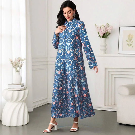 Rafiah Women's Arabian Dress Summer Daily Fashion Floral Single Breasted Long Sleeve Shirt Collar A-Line Long Casual Dress