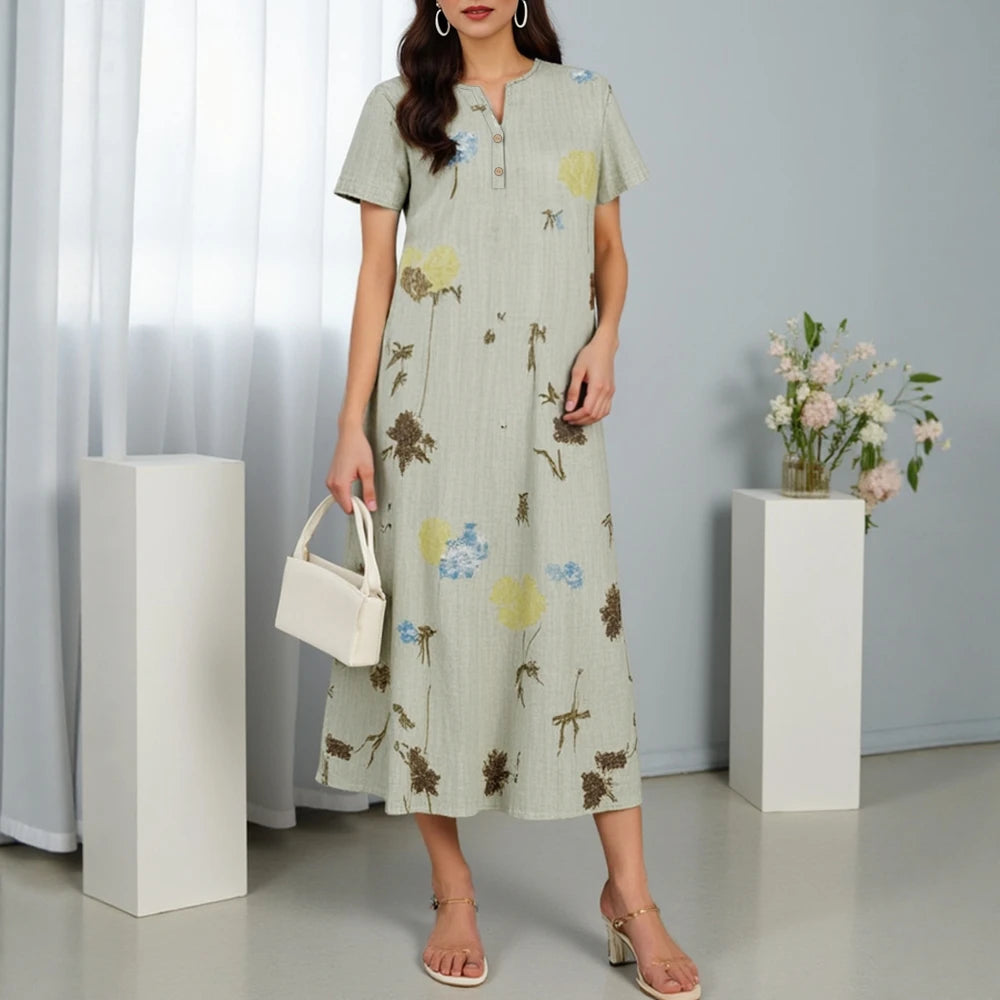 Rafiah Women's Summer 2025 Arabian Dresses Floral Print V-Neck Short Sleeve Dress Button Front Relaxed Fit Long Dress