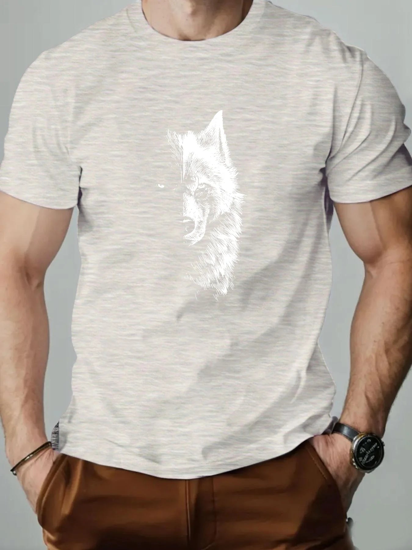 🐺 Men’s Summer 100% Cotton Casual T-Shirt,Half Wolf Pattern Print | Loose Fit | Round Neck | Breathable Comfort