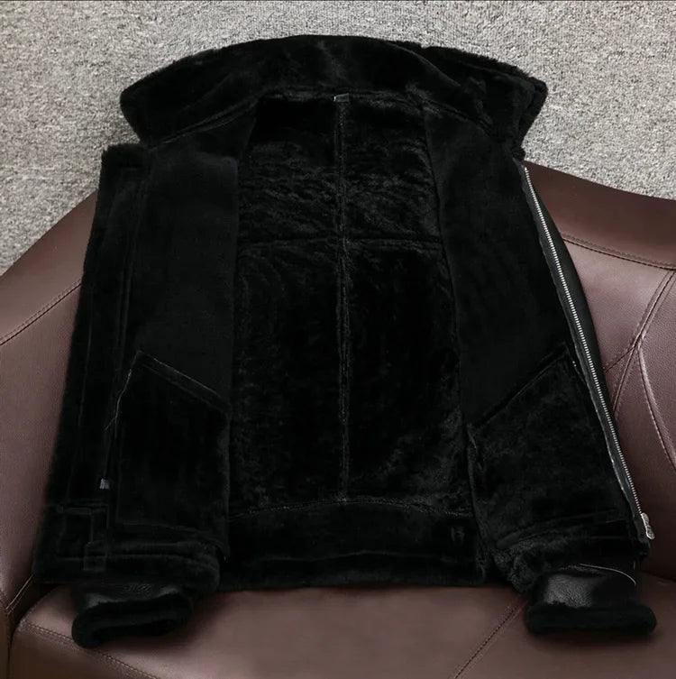 2023 New Genuine Sheepskin Leather Jacket Mens Plus Size Real Thick Sheepskin Natural Warm Coat
