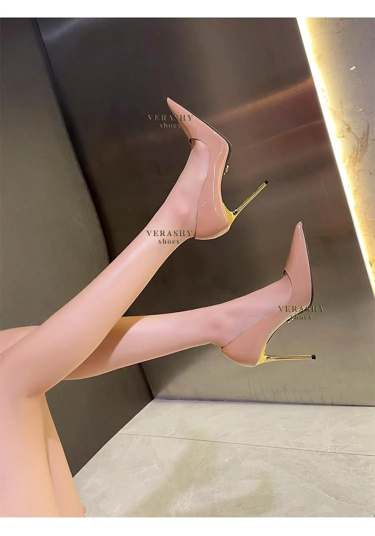 Green Shoes Quality Woman Pumps Patent Leather High Heels Sexy Party Shoes Metal Stilettos Luxury Wine red High-heeled Shoes