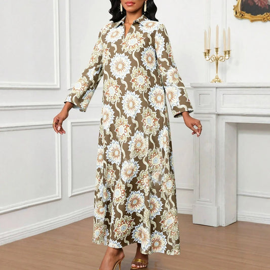 Rafiah Women's Summer Long Dress 2025 Arabian Dress Cultural V-Neck Long Sleeve A-Line Maxi Floral Print Casual Dress