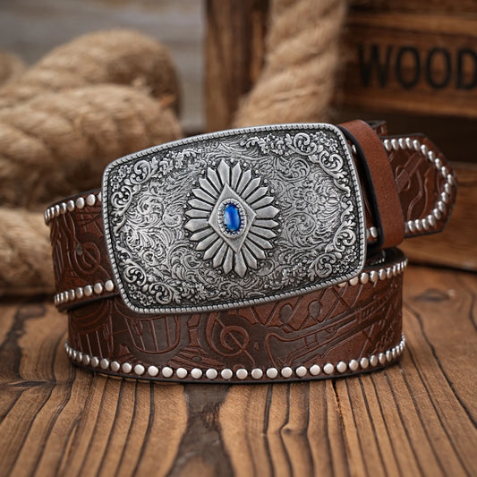 Men & Women-Western-Cowboy-PU Leather-Belts - Vintage horse Belt Floral Engraved Buckle Belt for Jeans