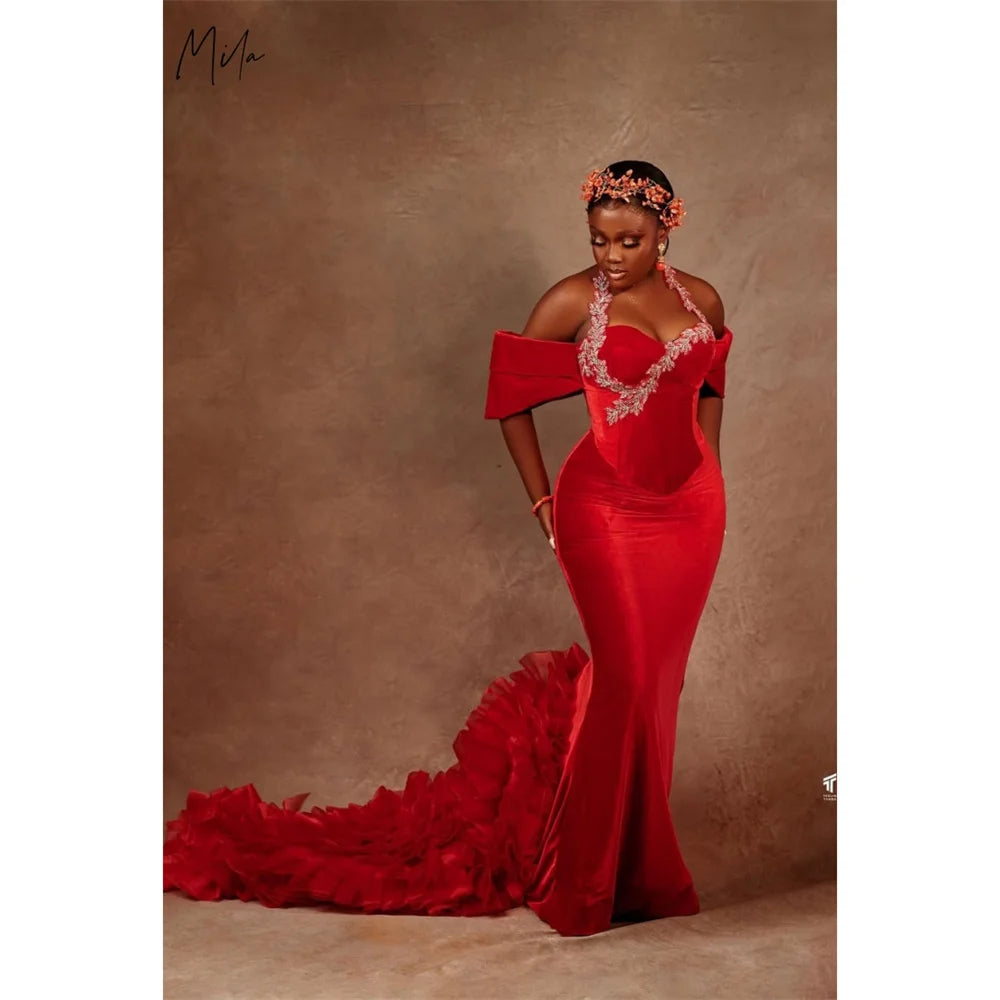 Mila Red Halter Neck Prom Dress Short Sleeve Court Train Customized Luxurious Women Evening Dresses Mermaid vestidos de fiesta