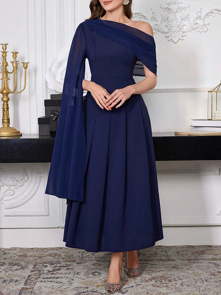 Rafiah Dresses 2025 Woman K-FashionSolid Color Casual Long Monochrome Dress with Asymmetrical Shoulder for Women's Daily Wear