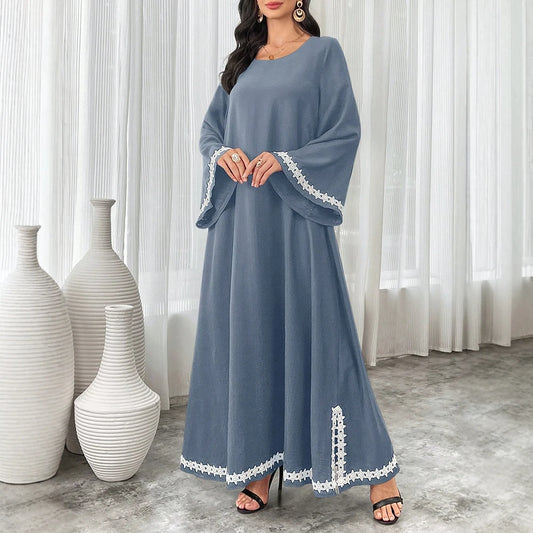 Rafiah Loose Turkish Maxi Dress Color Contrasting Flare Sleeve Crew Neck Stripe Kaftan Jalabiya Abayas Women Appliques