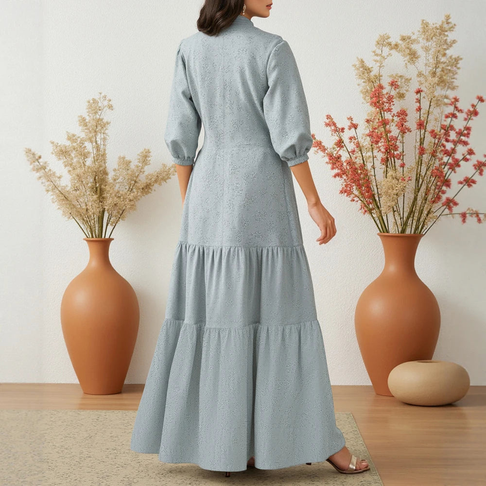 Rafiah Summer Dress 2025 Women's Simple Lace-Up Half Sleeve Crew Neck High Waist Casual A-Line Long Arabian Dress