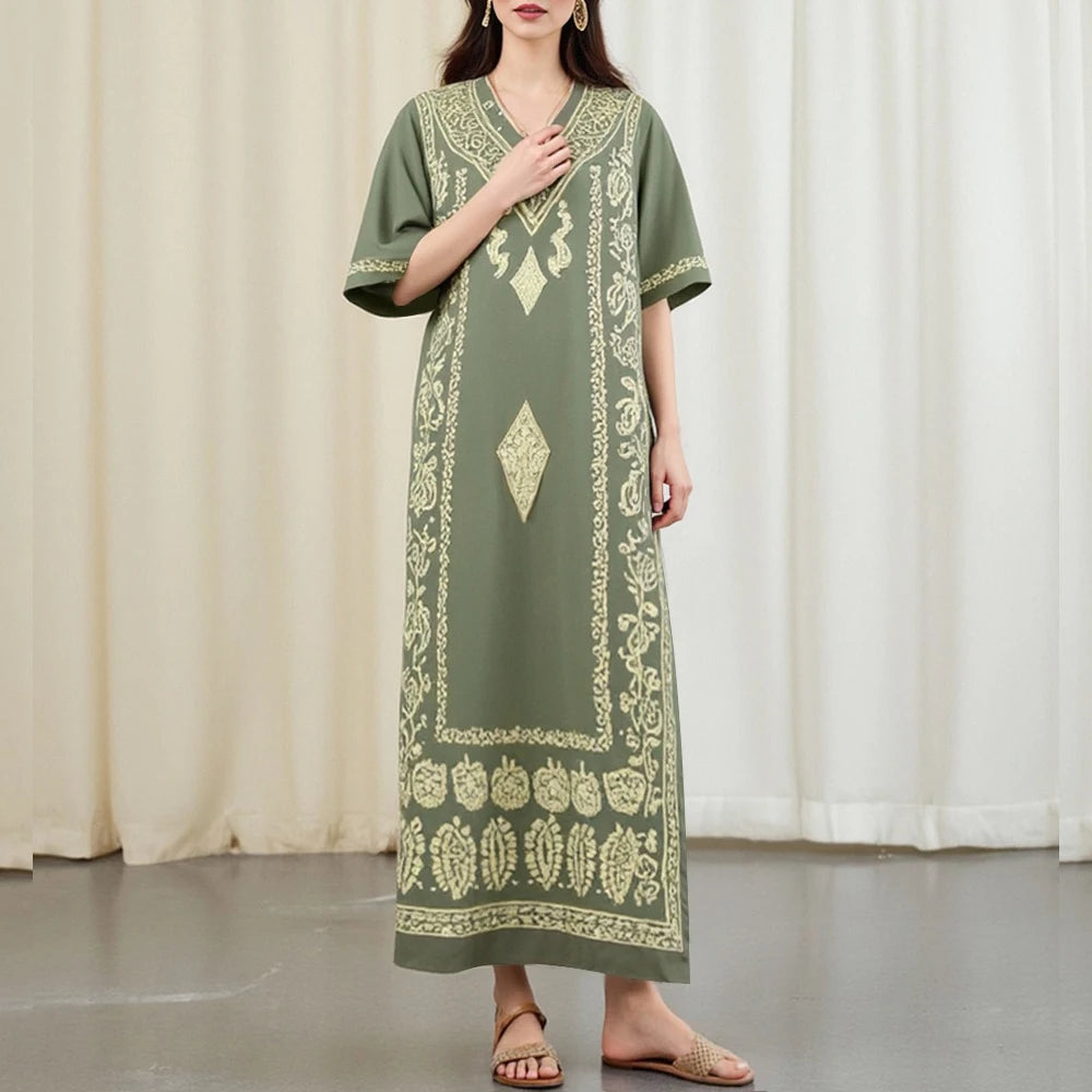 Rafiah Autumn Arabian Long Dress 2025 Classic Modest Graphic Printing Short Sleeve V-Neck Loose Fit Dress For Women