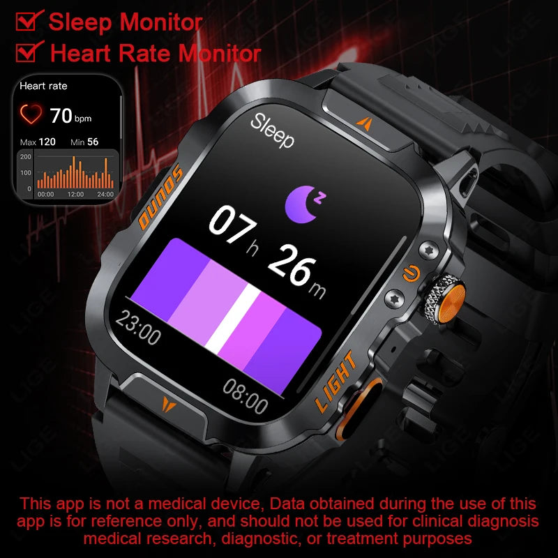LIGE Military Smart Watch Men 1.96" Screen 3ATM Waterproof Bracelet Bluetooth Call AI Voice Sport Smartwatch With LED Flashlight