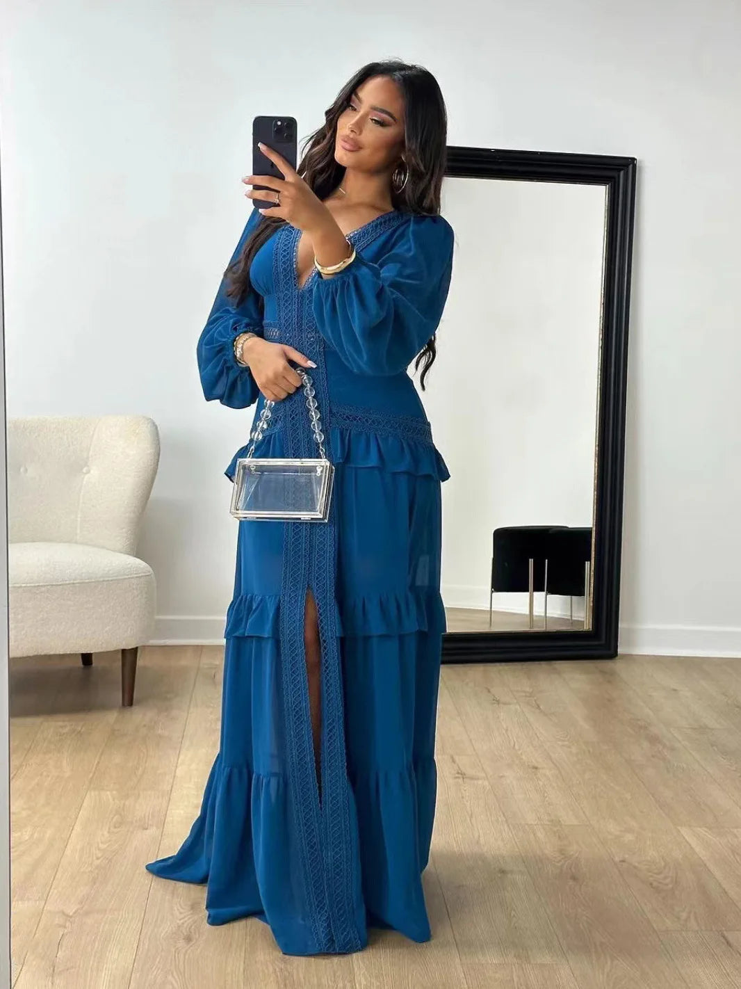 Maxi Dress Ruffles Long Sleeve Hollow Out Evening Dresses Party Chic Robe Green Blue Purple New In Holiday Summer