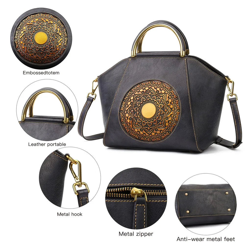 MOTAORA 2025 New Women Genuine Leather Handbags Organizer Retro Vegetable Tanning Leather Vintage Embossing Totem Shoulder Bag