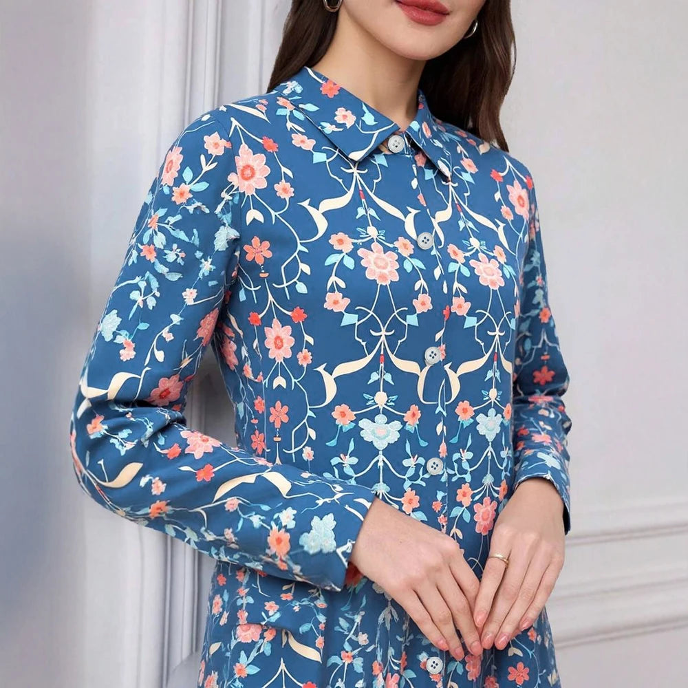 Rafiah Women's Arabian Dress Summer Daily Fashion Floral Single Breasted Long Sleeve Shirt Collar A-Line Long Casual Dress