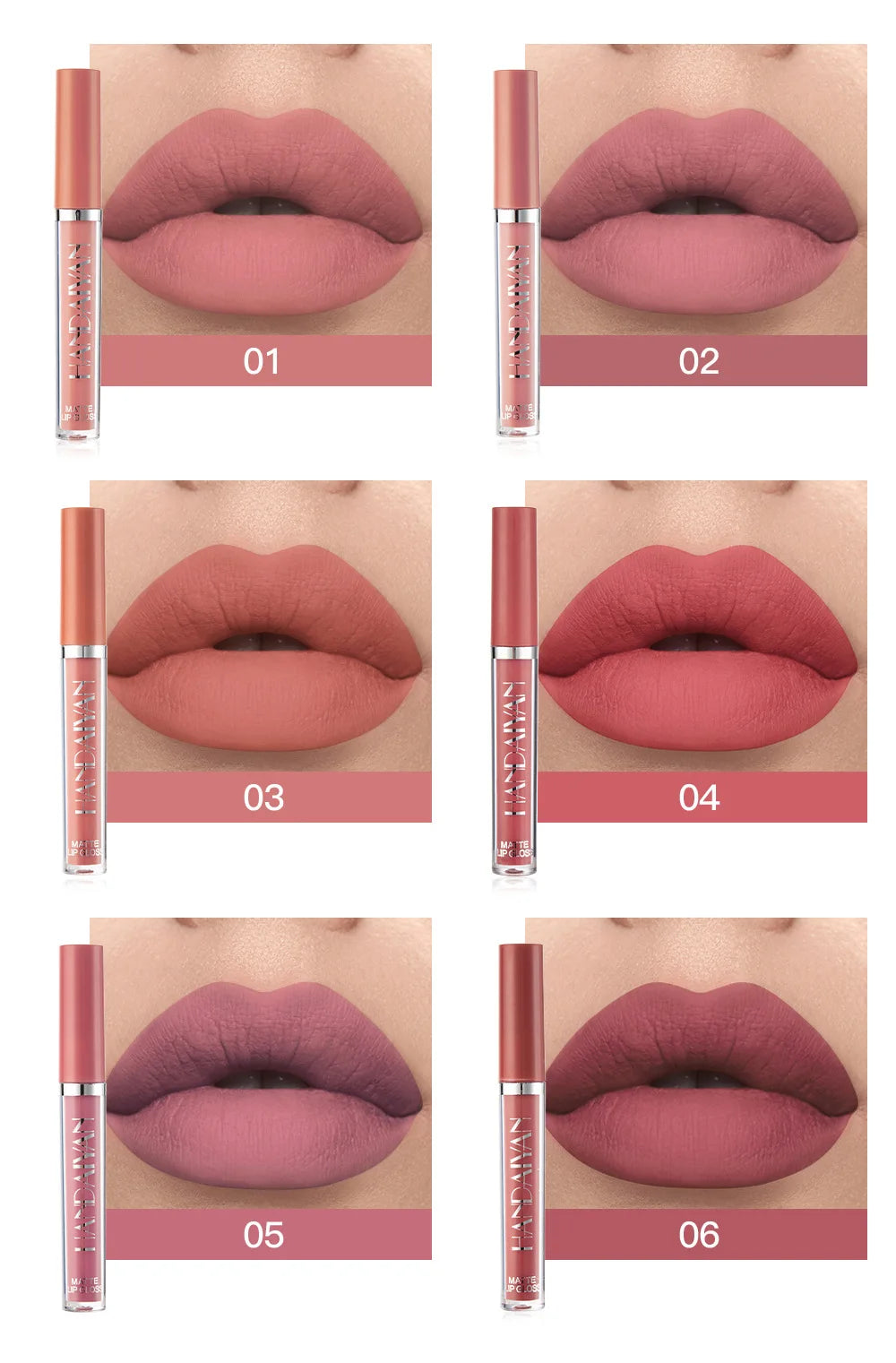 HANDAIYAN 6 Shade Lipstick Set Matte Finish Liquid Lip Gloss Waterproof Long Lasting No Smudge Vegan Beauty