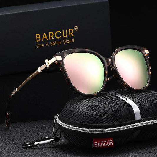 BARCUR Fashion Casual Women Sunglasses Retro Leopard Color Blocked PC Cat Eye Frame Alloy Mirror Legs UV400 Polarized Sunglasses