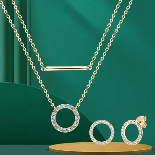 Lnngy Double Layer Chain Necklace For Women 925 Sterling Silver Moissanite Circel Pendant Necklaces Stud Earring Jewelry Set