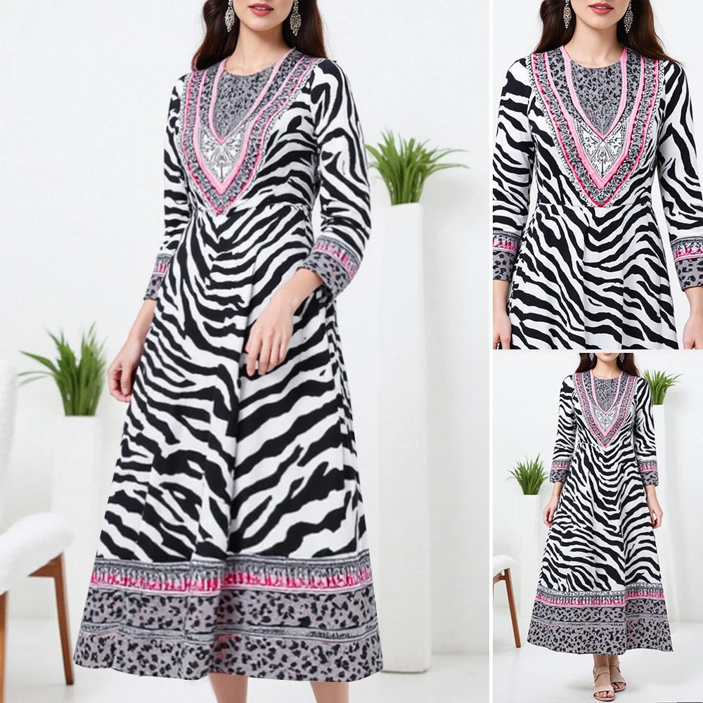 Rafiah Autumn Arabian Long Dress 2025 Fashion Mature Vibe Zebra-Stripe Long Sleeve V-Neck A-Line Dress For Women