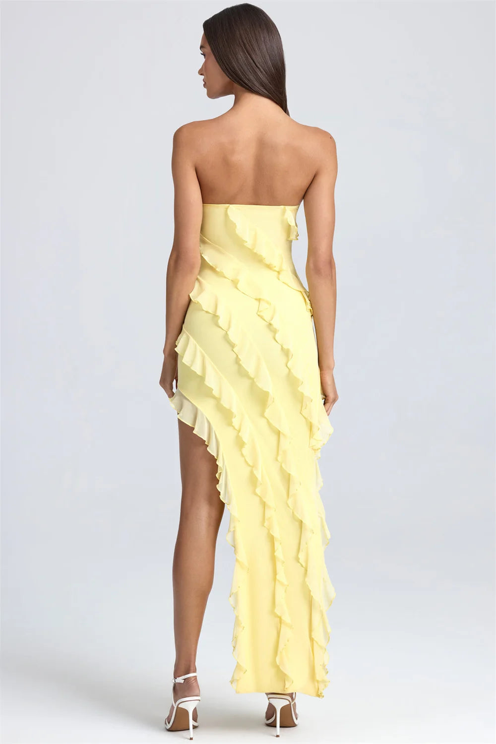 Mila Yellow Asymmetrical Customized Party Dresses Sexy Strapless Sleeveless Prom Dresses Zip Side High Split Evening Dresses
