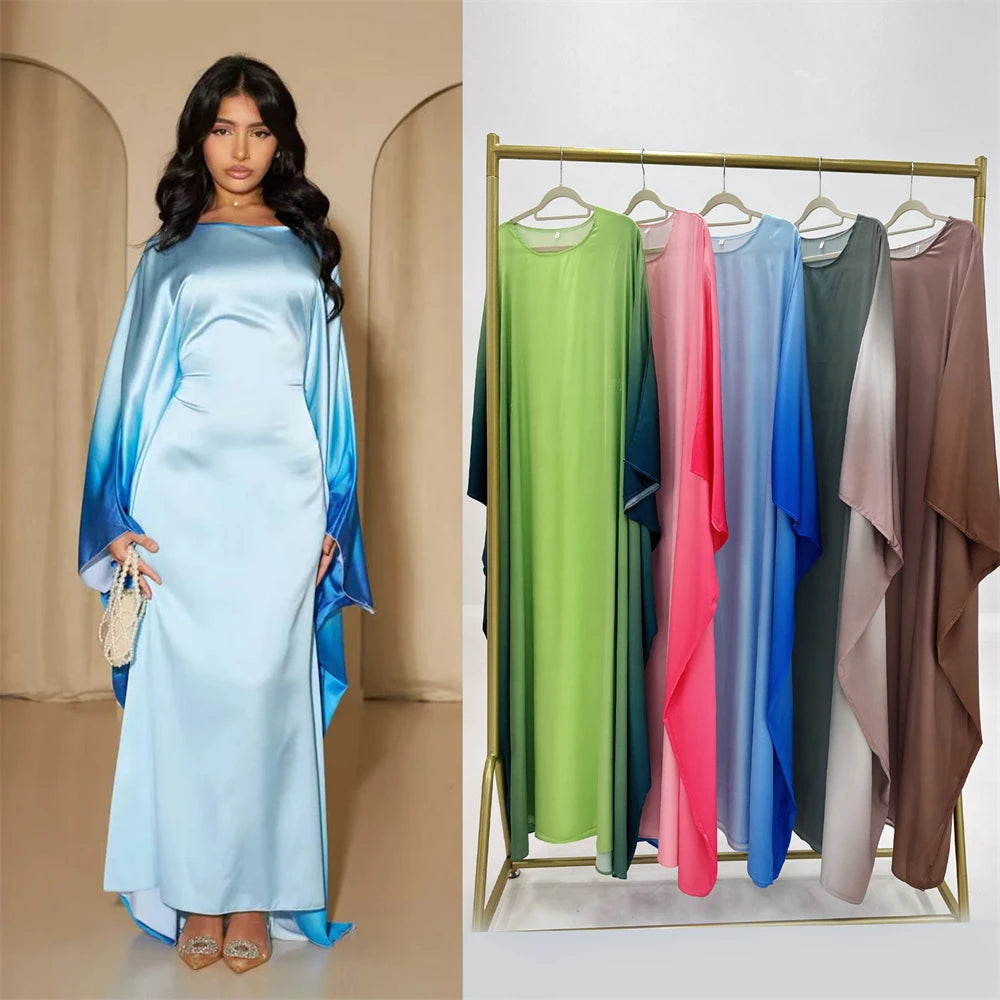 Gradient Color Shiny Batwing Satin Maxi Abaya Dubai Luxury 2024 Abayas For Women Muslim Kaftan Dress Islam Caftan Marocain Femme